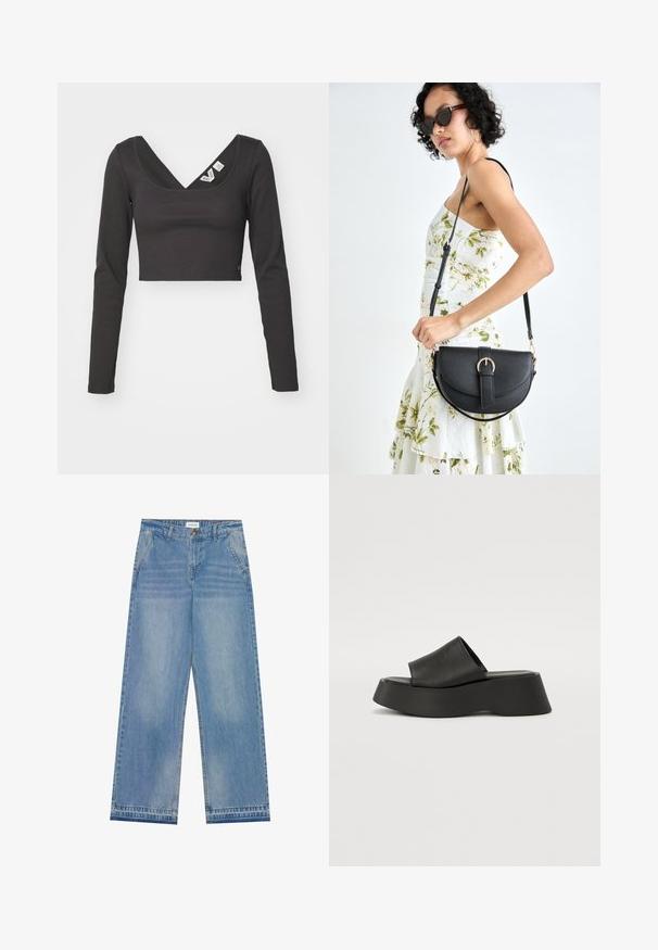 Melnā ribota garām piedurknēm crop top ar dziļu V veida dekoltē un pieguļošu dizainu. Iekšējā dekoltē daļā ir birkas. Gluda tekstūra.; Gaiši zila augsta jostasvieta plaša ar biksēm ar pogu aizdari, priekšējām kabatām, jostas cilpiņām un vieglu izbalējušu apdari.; Melni platforma sandales ar plata joslu un masīva zoli. Izgatavotas no gludas materiāla ar matētu apdari un bez redzamām detaļām.; Melnas ādas rokassoma ar izliekta formu, noņemamu siksnu un zelta aksesuāriem. Somai ir vāciņš ar sprādzes detaļu.