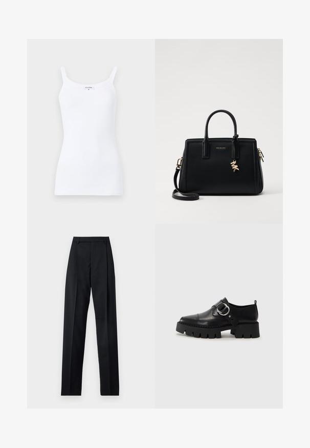 Top canotta bianca a coste con spalline sottili, caratterizzato da un design semplice e una silhouette aderente. Il tessuto è liscio con una leggera elasticità.; Pantaloni neri realizzati in tessuto morbido, caratterizzati da vita alta, gambe larghe, pince frontali e classiche passanti per cintura. Non ci sono tasche laterali visibili.; Scarpe in pelle nera con suola spessa e rigata, dotate di un accento in metallo argentato a forma circolare e dettagli di cucitura minimal.; Borsa a tracolla in pelle nera con design strutturato, manici superiori doppi, tracolla rimovibile, accessori in oro e charm con logo.