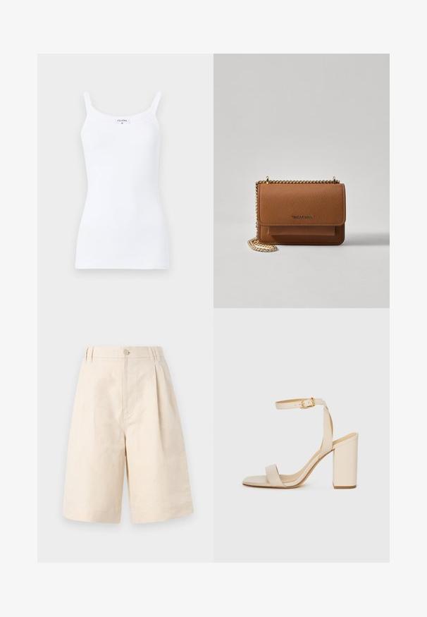 Hvit ribbet tanktopp med tynne stropper, som har et enkelt design og en tettsittende silhuett. Stoffet er glatt med lett stretch.; Beige linshorts med avslappet passform, med knappeåpning, plissédesign og kne-lengde. Glatt tekstur og enkel stil.; Beige høyhælte sandaler med firkantet tå, tynn ankelrem og blokk hæl. Glatt skinntekstur med gullspenne detaljer.; Brun teksturert lær crossover-veske med gullkjede-stropp og klaffelukking. Fronten har logo-detalj og en lomme under klaffen.