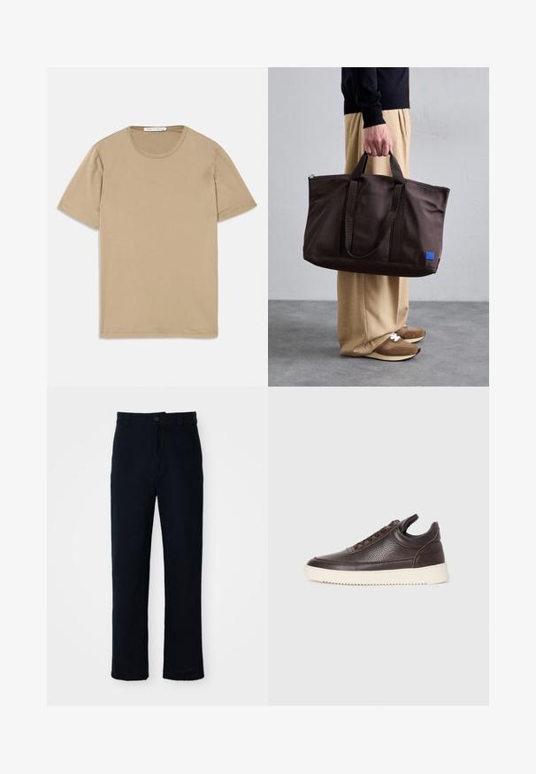 Beez värvi lühikeste varrukatega t-särk, valminud pehmest puuvillast, ümara kaelusega ning lihtsa, mugava disainiga. Sile tekstuur, ilma mustriteta.; Tumed sinelased püksid puuvillast, sirge lõikega, eesnupu sulgemisega ning klassikalise vöökohaga, kus on vööaasad.; Tumepruun tekstureeritud nahast sportking, millel on nööpidega esiosa ja valge soonikuga kummitald, heledal ühtlasel taustal.; Pruun nailonist kott kahekordsete käepidemetega, lukuga sulgemine ja sinine logo silt. Sile tekstuur, struktureeritud disain, avar sisemus.