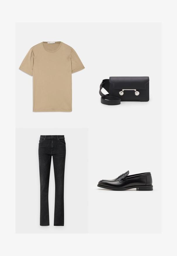 Šviesiai rudas trumpomis rankovėmis marškinėliai, pagaminti iš minkštos medvilnės, su apvalia iškirpte ir paprastu, kasdienišku dizainu. Lygus paviršius, be raštų.; Juodos džinsinės kelnių su tiesiu kirpimu, su priekinėmis kišenėmis ir sagčių uždarymu. Lygus paviršius su subtiliu nusidėvėjimu.; Juodos odinės loafers, turinčios lygų paviršių, apvalią noselę ir dekoratyvinę juostą per priekinę dalį. Žemas krentantis kulnas, minimalistinis dizainas.; Juodas odinis kryžminis krepšys su sklendės uždarymu, sidabro spalvos detalėmis ir dviem apvaliais akcentais. Yra nusiimamas diržas. Lygus paviršius.
