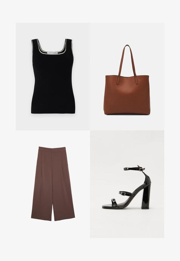 Černý žebrovaný top bez rukávů se čtvercovým výstřihem. Má kontrastní bílý lem kolem výstřihu. Vyrobeno z pružného materiálu.; Hnědé široké kalhoty s hladkou texturou, vysokým pasem a předními záhyby. Materiál je lehký a volně splývá.; Černé lakované sandály na podpatku se čtveratou špičkou, lýtkovými pásky a stříbrnými přezkami. Disponují masivním blokovým podpatkem pro stabilitu.; Hnědá kožená taška přes rameno s hladkou texturou, otevřeným designem a dvěma ramenními popruhy. Obsahuje minimální švy a žádné viditelné kovové prvky.