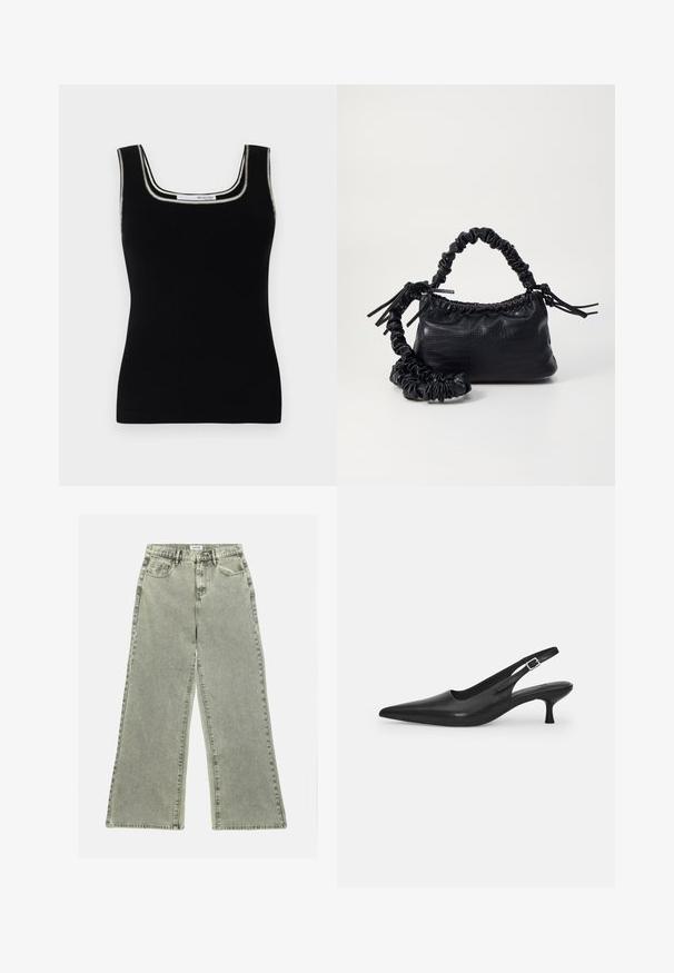Top negru, cu un decolteu pătrat, din material cu striații. Are o garnitură albă în contrast pe marginea gâtului. Fabricat dintr-un material elastic.; Jeans cu picioare largi din denim gri deschis, având talie înaltă, buzunare frontale și tiv brut. Textura distrusă adaugă interes vizual.; Sandal din piele neagră, cu vârf ascuțit și toc subțire, curbat. Are o curea ajustabilă discretă, cu o cataramă din metal.; Geantă din faux leather neagră cu textură de crocodil, cu partea superioară strânsă și o curea mototolită. Pare moale și compactă ca design.