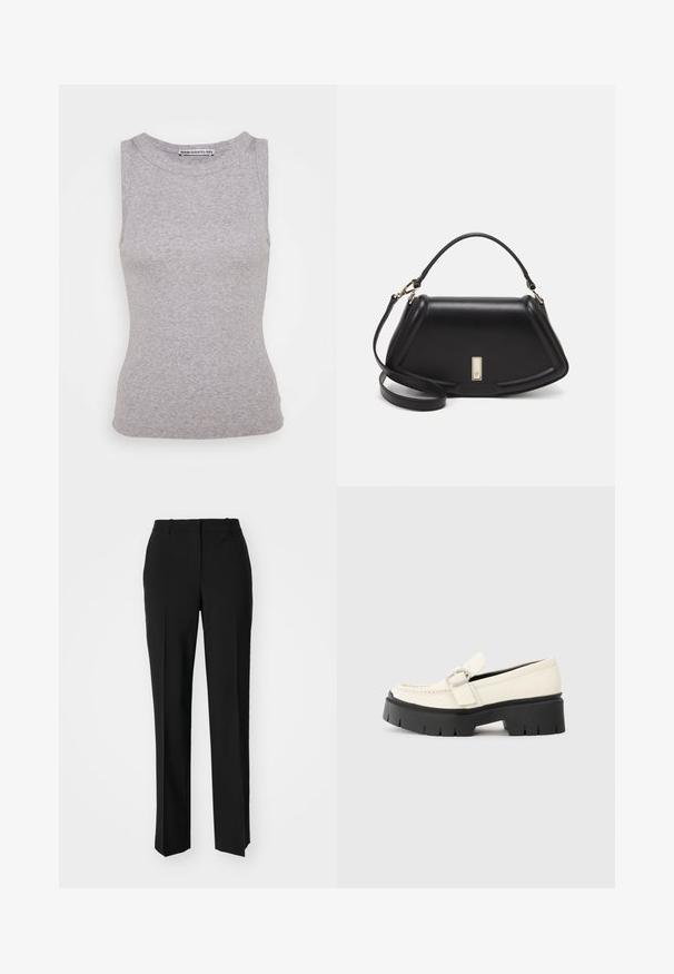 DRYKORN OLINA - Top - grau; Black tailored trousers with a straight-leg design, featuring a smooth texture and crisp creases along the front. No visible hardware.; White leather loafer with a chunky black platform sole, featuring a rectangular silver buckle and visible stitching detail on the upper.; Black leather handbag with a structured design, featuring a cropped shape, top handle, and gold hardware accent. Adjustable shoulder strap included.