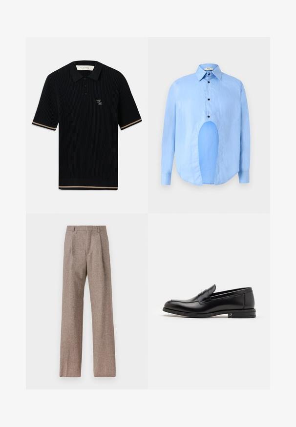 Čierna rebrovaná polokošeľa s krátkym rukávom a golierom, tromi gombíkmi, béžovým lemom na rukávoch a spodnej časti, a vyšitým logom FP na ľavej hrudi.; Svetlo modrá košeľa s dlhým rukávom a špicatým golierom, čiernymi gombíkmi a jedinečným výrezom vpredu pre osobitý dizajn.; Hnedé, vysoké nohavice vyrobené z texturovanej látky. Majú široké nohavice a dva predné záhyby pre štruktúru. Úhľadné spracovanie bez viditeľného kovania.; Čierne kožené mokasíny s hladkou textúrou, zaoblenou špičkou a dekoračným pásikom cez priehlavok. Nízky vrstvený opätok, minimalistický dizajn.