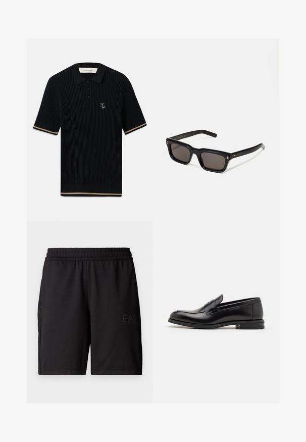 Mustarib lühikeste varrukatega polo särk, millel on krae, kolm nööpi, beež ääristamine käistel ja allservas ning FP tikand vasakul rinnal.; Mustad mustad lühikesed püksid, mis on valmistatud kerge kangaga, painduva vöökoha ja võrkpaneelidega külgedel. Brändi logo on trükitud ette.; Mustad mustad nahast loafers sileda tekstuuriga, ümarat ninaosa ja dekoratiivne riba vampi üle. Madal kihiline konts, minimalistlik disain.; Mustad mustakorruselised prillid tumedate läätsedega, paks plastikraam, kuldsed aksendid templites ning kaubamärgi logo graveeritud käe lilla.