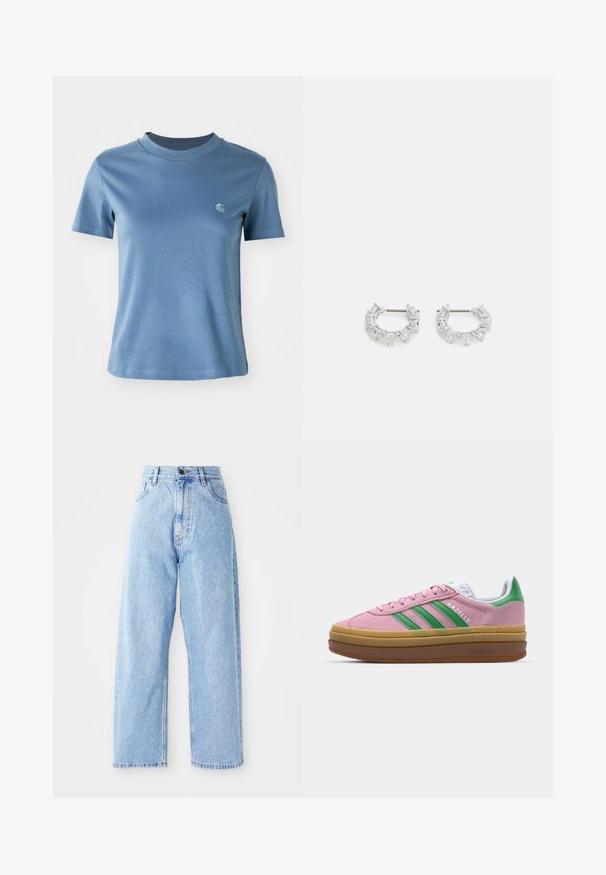 Tricou scurt cu mânecă, de culoare albastru deschis, cu guler rotund și un mic logo alb pe pieptul stâng, pe un fundal alb simplu.; Jeans din denim ușor albastru, cu talie înaltă, picioare drepte și late, cu închidere prin nasture și fermoar, și buzunare în față și în spate.; Sneakers din suede roz cu dungi verzi, accente albe și o talpă din cauciuc brun. Prezintă un material texturat și detalii cu logo pe lateral.; Cercei din argint în formă de cerc, decorati cu cristale clare rectangulare și triunghiulare aranjate într-un model circular, cu un post central pentru prindere.