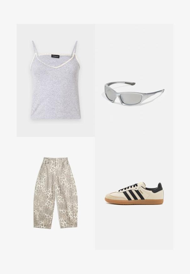 Harmaa ribbattu toppi säädettävillä spagettiolkaimilla. V-kaula-aukko ja hapsutettu vaalea trimmi reunoilla.; Leopardi kuosia olevat housut vaaleassa beigen värissä, joissa on korkea vyötärö, leveät lahkeet ja kaksi etutaskua. Valmistettu sileästä kankaasta.; Beige urheilukenkä mustilla raidoilla, kumipohjalla ja mustilla yksityiskohdilla. Ominaisuuksiin kuuluu sileä nahkainen päällinen ja pyöristetty kärjen muoto.; Harmaat aurinkolasit, joissa on tyylikäs, kevyt muovikehys. Varustettu tummennetuilla harmailla linsseillä ja teksturoituilla sivuosilla lisäpidon takaamiseksi.; Musta ja hopea adidas käsilaukku, jossa on sileä pinta, kiiltävä niittikuosi ja erottuva kaareva muotoilu.