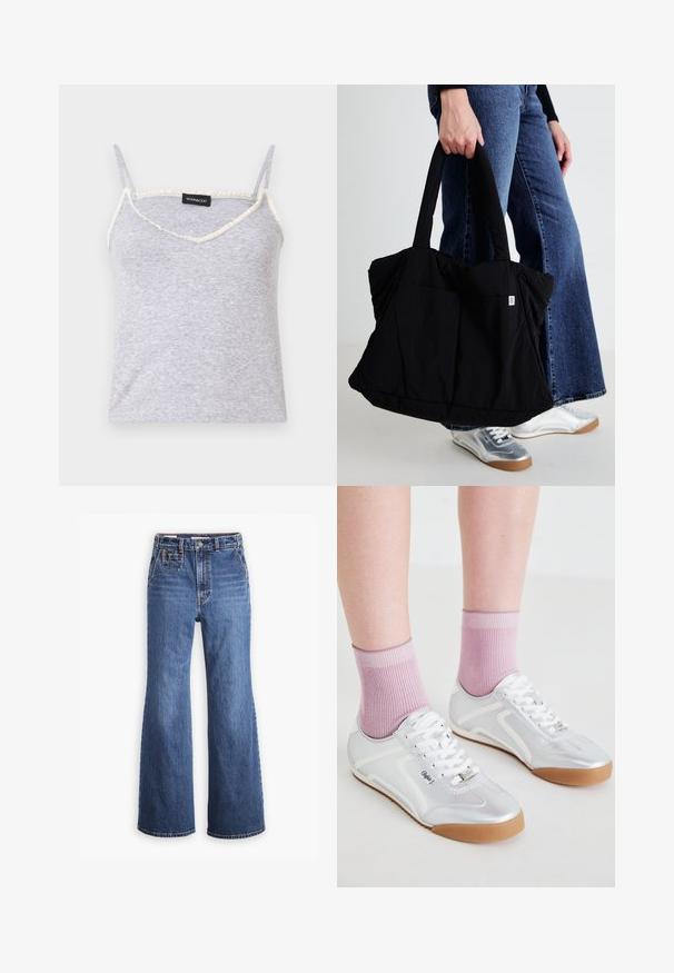 Szary prążkowany top na ramiączkach z regulowanymi spaghetti. Posiada dekolt w kształcie litery V oraz postrzępione kremowe wykończenie wzdłuż brzegów.; Jeansy z wysokim stanem wykonane z niebieskiego dżinsu, o szerokich nogawkach, z przednią kieszenią, zapięciem na mosiężny guzik oraz kontrastowymi szwami.; Srebrne buty sportowe z białymi akcentami i podeszwami z gumy, noszone z prążkowanymi różowymi skarpetkami, prezentujące niski profil.; Czarna torba materiałowa o puszystym wzorze, z dwoma solidnymi uchwytami i małą łatką z logo z przodu, trzymana przez osobę ubraną w dżins.