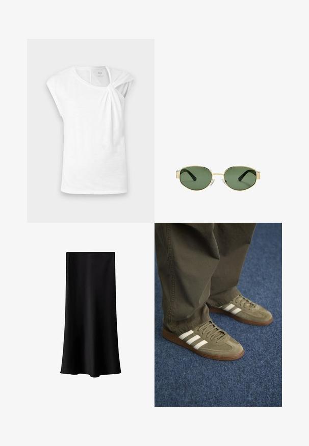 Hvid kortærmet t-shirt lavet af letvægtsstof, med en knudedetail på skulderen og en afslappet pasform.; Sort midi-nederdel lavet af glat, letvægtsstof. Den har en lige skæring, ingen synlig hardware og et enkelt design uden mønstre.; Grønne ruskindsneakers med tre hvide striber, brun gummisål og teksturerede snørebånd, parret med olivengrønne bukser på et blåt tæppe.; Solfarvede solbriller med guldmetalramme, grønne linser, oval form, sorte stænger og klare næsepuder. Rent, minimalistisk design.; Olivengrøn tote bag med dobbelt håndtag, glat tekstur og en metal logo detalje. Rund form med sidelapper; parret med blå bukser.