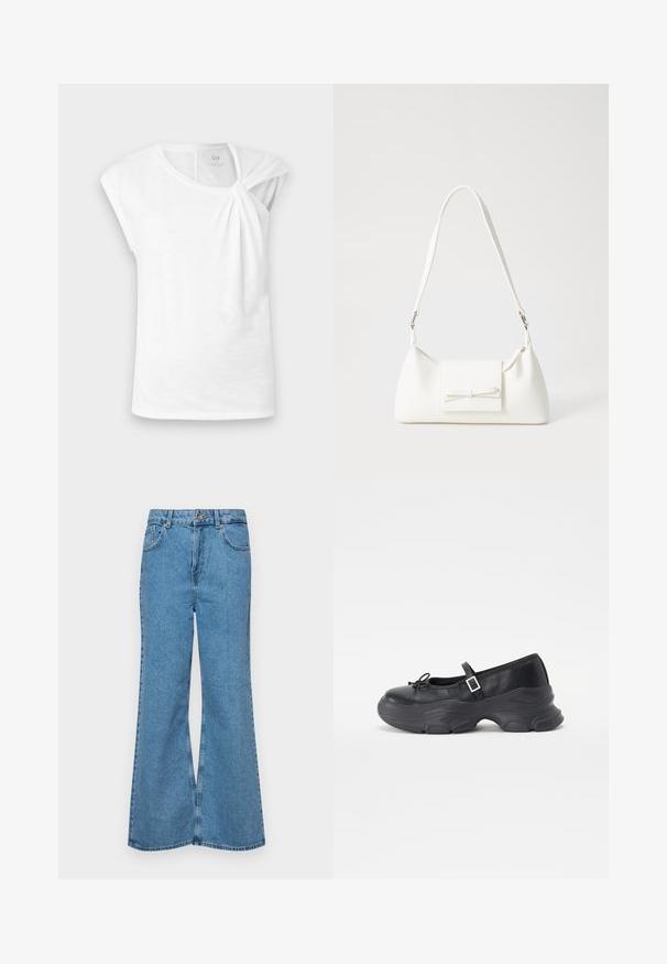 White short-sleeved t-shirt made of lightweight fabric, featuring a knot detail on the shoulder and a relaxed fit.; Light blue flared jeans made of denim, featuring a high waist, five pockets, and a single button closure. Soft texture with faded finish.; Black leather Mary Jane shoe with a rounded toe, bow detail, and an adjustable ankle strap. Features a chunky rubber sole with curved accents.; White synthetic handbag with a triangular shape, flat front flap and bow detail, adjustable strap, smooth texture, and minimalistic design.
