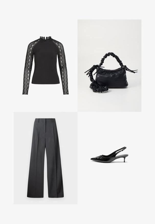 Čierny dlhý rukáv s vysokým volánovým golierom a čipkovými rukávmi s vlnkovaným vzorom, vyrobený z hladkej látky.; Nohavice s širokými nohavicami z tmavošedej látky, s vysokým pásom, jedinými záhybmi a hladkou textúrou s čistým zakončením na lemoch.; Čierne kožené slingback podpätky s ostrou špičkou, malým podpatkom a dekoratívnym uzlom vpredu. Hladký povrch po celom obvode.; Čierna umelá kožená kabelka s kroko vzorom, sťahovaným vrchom a zhnutým popruhom. Vyzerá mäkko a kompaktné v dizajne.