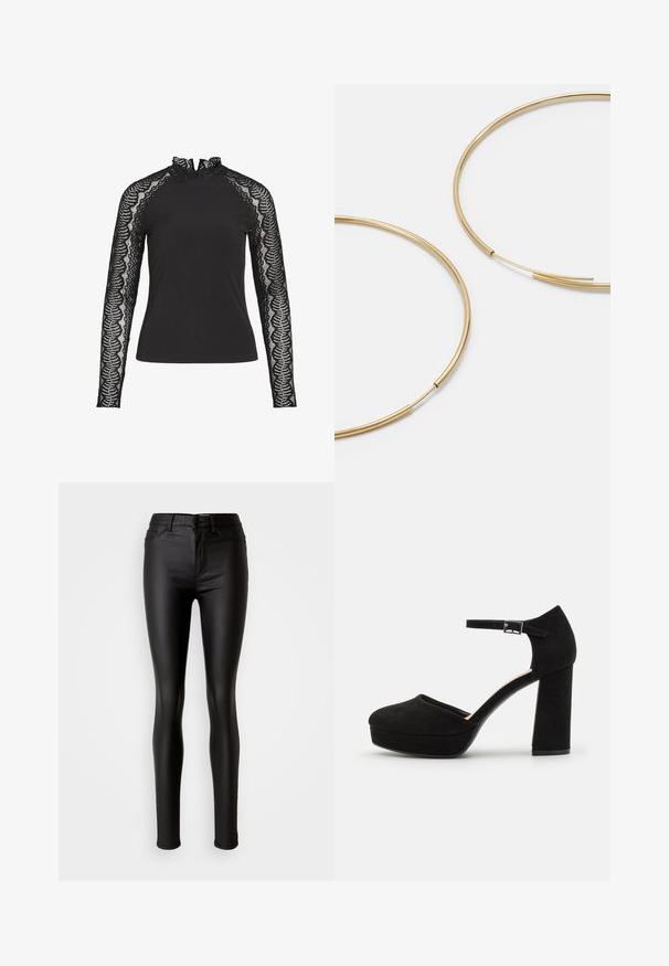 Must mustaga pika varrukatega topp kõrge volangiga kaelusega ja pitsist varrukatega, millel on laineline muster, valmistatud siledast kangast.; Musta kunstnahast kitsad teksad, millel on sile tekstuur, kõrge vöökoht, nööbiga sulgemine ja traditsiooniline viie tasku disain.; Mustad nubukist platvormi kõrged kontsad, millel on paks plokknina, ümmargune varvas ja pahkluu rihm, mis on kinnitatud metallist sanga abil. Ühtlane sile tekstuur.; Kulla värvi nõelad, õhukesed ja ümmargused, millel on sile metallist pind ja ilma kaunistuste või mustriteta.; Must mustra rahakott, millel on voltimisega klapp, kuldne riistvaraga, ning millel on logo aktsent. Sisaldab eemaldatavat rihma kandmiseks.