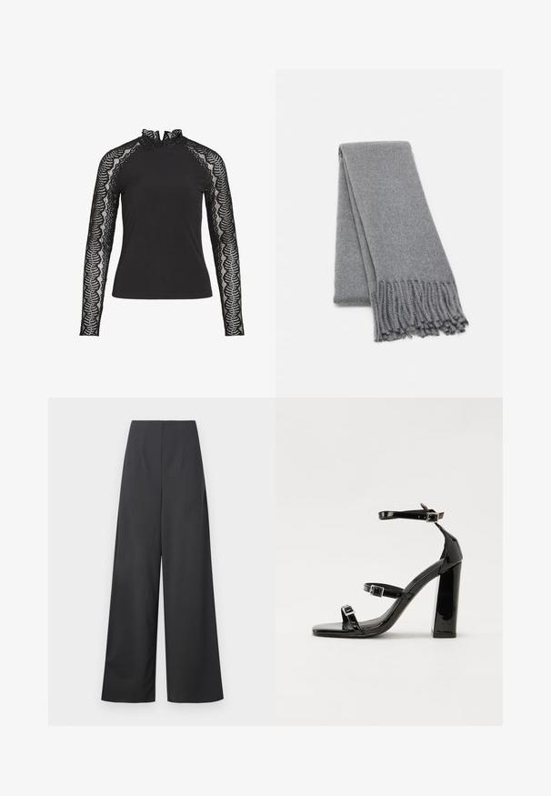 Fekete, hosszú ujjú felső, magas fodros gallérral és csipkebetétes ujjal, amely hullámos mintázatú, sima anyagból készült.; Sötét szürke anyagból készült, magas derekú, bő szárú nadrág, sima textúrával. Látható zsebek vagy díszítések nélkül készült.; Fekete lakk magas sarkú szandál négyzet alakú orral, bokapántokkal és ezüst csatokat tartalmaz. Masszív blokk sarka a stabilitásért felel.; Szürke gyapjú sál, puha tapintással, rojtos szélekkel és egyszerű dizájnnal. Gondosan hajtogatva, megjelenítve hosszúkás formáját.