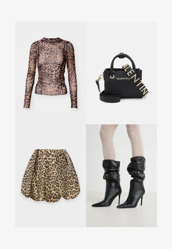 Long-sleeve top made of sheer material featuring a leopard print pattern in brown and black with a high neckline and fitted design.; Sister Jane LOLA SKIRT - A-line skirt - tan; Black leather ankle boots with a slouchy design, pointed toe, and high stiletto heel, featuring a soft, textured finish around the cuff.; Black textured leather handbag with gold hardware, double handles, and removable shoulder strap featuring embossed brand name.