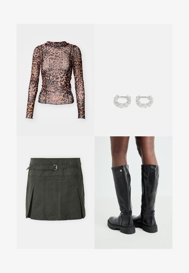 Hosszú ujjú felső áttetsző anyagból, barna és fekete leopárdmintázattal, magas nyakkivágással és testhezálló fazonnal.; Sötétzöld, pamut mini szoknya, formázott derékkal, övvel és elülső pliszékkel. Varrott részletekkel és klasszikus szabással rendelkezik.; Fekete, térd fölé érő bőr csizmák sima textúrával, lekerekített orral, vastag talppal és cipzáras záródással. Ezüst színű logó található az oldalon.; Ezüst fülbevalók, amelyek téglalap és háromszög formájú áttetsző kristályokból állnak, körkörös elrendezésben, középen egy rögzítőpinnel.