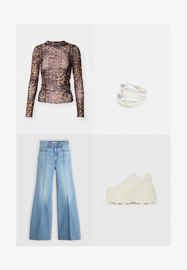 Ilgų rankovių marškinėliai pagaminti iš permatomo audinio, su leopardų raštu rudos ir juodos spalvos, aukštu kaklu ir prigludusia forma.; Šviesiai mėlyni aukšto liemens džinsai su plačiomis kojomis, priekinėmis ir užpakalinėmis kišenėmis, diržo kilpos ir vertikaliomis siūlėmis priekyje.; Baltos platformos sportbačiai su lygiu odos primenančiu paviršiumi, apvalia forma, paminkštintu apykakle ir tekstūruotu guminiu padu su ryškiais protektoriais.; Sidabrinis dvigubas žiedas su lygiu, poliruotu paviršiumi. Pasižymi sklandžiu, kreiptu dizainu su persipinančiomis dalimis, suteikiančiomis modernų išvaizdą.