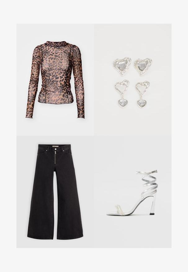 Long-sleeve top made of sheer material featuring a leopard print pattern in brown and black with a high neckline and fitted design.; Wide-leg jeans in black denim with a zippered front, five-pocket design, and subtle stitching details. Smooth texture and casual style.; Silver high-heeled sandal with a shiny strap design, featuring a pearl-like accent and a spiraled ankle strap for secure fit.; Silver heart-shaped earrings feature faceted clear stones, with a textured frame. The set includes stud and drop styles.