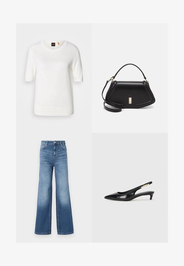 White short-sleeve knit top with a round neckline, ribbed hem, and soft texture. Logo tag with orange accent at the collar.; Light blue denim wide-leg jeans with a high waistband, featuring five pockets, belt loops, and a subtle fade effect towards the hem.; Black leather slingback heels with a pointed toe, featuring a slim heel and a gold-tone accent on the adjustable strap. Smooth texture.; Black leather handbag with a structured design, featuring a cropped shape, top handle, and gold hardware accent. Adjustable shoulder strap included.