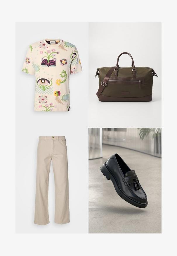 Camiseta de manga corta color crema con un colorido patrón floral y abstracto que presenta diversas formas y diseños a lo largo de la tela.; Pantalones de algodón beige de pierna ancha con cinco bolsillos, cierre de botón y trabillas para cinturón; textura suave con corte y dobladillo recto.; Mocasines negros de cuero con acabado liso, borla decorativa, suela gruesa de goma y detalles cosidos. Diseño ligero y elegante.; Bolsa de lona tipo duffel en color verde oliva con acentos de cuero marrón, que presenta asas dobles, una correa de hombro desmontable y un bolsillo con cremallera en la parte frontal.