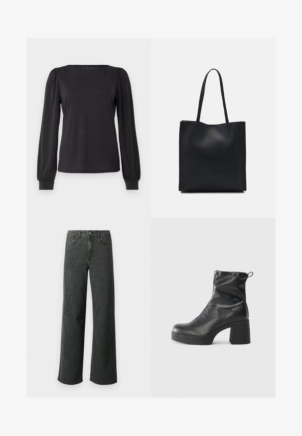 Fekete, hosszú ujjú felső, kerek nyakkivágással, fodros puffujjakkal és szűk mandzsettákkal. Simulékony, rugalmas anyagból készült.; Sötét szürke denim széles lábú farmer, diszkrét zebra mintás textúrával, kontrasztos varrással és öt zsebes kialakítással, gombos zipzárral.; Fekete bokacsizmák sima bőrből, oldalsó cipzárral, vastag, texturált sarkú és lekerekített orrú dizájnnal.; Fekete bőrtáska sima felszínnel, téglalap alakú, két hosszú füllel. Nincs látható fémkiegészítő vagy díszítés.