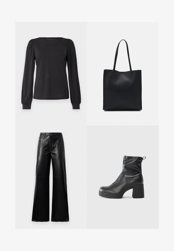 Svart langermet topp med rund hals, med innsamlede puff ermer og stramme mansjetter. Laget av et glatt, strekkbart materiale.; Sorte høy midje vide ben bukser i imitert skinn med knapp foran, glidelås, beltehemper og sidelommer på hvit bakgrunn.; Svarte ankelstøvler laget av glatt lær, med glidelås på siden, chunky strukturert hæl, og rund tå-design.; Svart lær tote bag med glatt tekstur, rektangulær form og to lange håndtak. Ingen synlige deler eller dekorasjoner.