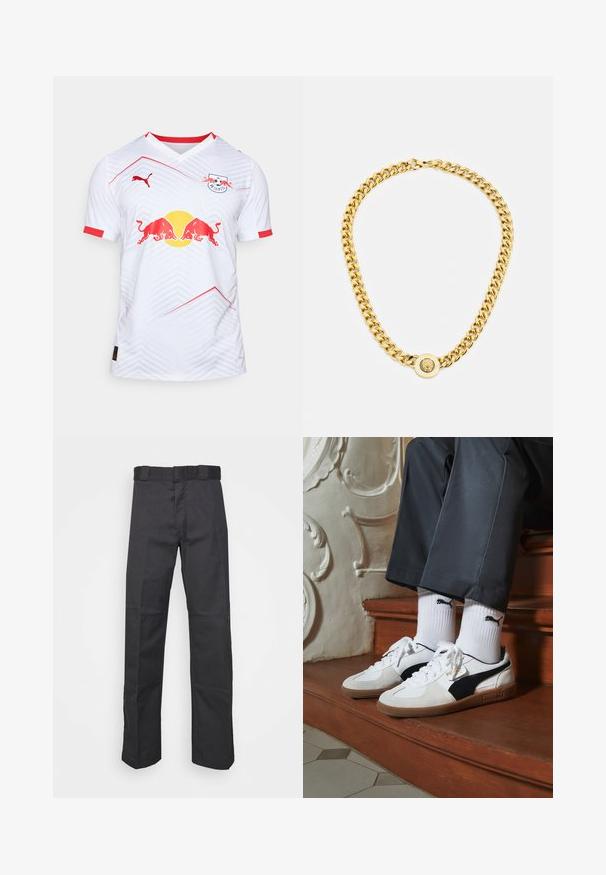 Bela nogometna majica z rdečimi poudarki, V-izrez, z geometrijskim vzorcem, logotip Red Bull in logotip znamke Puma na rami.; Črne hlače iz trpežnega blaga, z ravnim krojem, pasom z zankami za pas in šivi za dodano teksturo.; Puma superge v beli in črni usnjeni izvedbi, sročene s rjavim gumijastim podplatom. Usklajene z belimi nogavicami z črnim logotipom, nosijo se s temnimi hlačami.; Zlata verižica z velikimi medsebojnimi povezavami, ki ima v središču krožni obesek z izbočenim grbom.