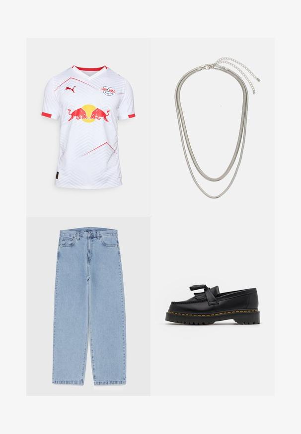 Fehér focimez vörös részletekkel, V-nyakkal, geometrikus mintázattal, Red Bull logóval és a Puma márka logójával a vállán.; Világoskék farmernadrág egyenes szárú kivitelben, közepes derékkal, öt zsebbel, gombos és cipzáros záródással.; Fekete bőr mokaszin, rojtos díszítéssel, masszív fekete talppal és sárga varrással az élén. Texturált felület.; Háromrétegű ezüstszínű fém nyaklánc, letisztult, rugalmas láncokkal, enyhe fényességgel, homárkapoccsal rögzítve és állítható lánccal.