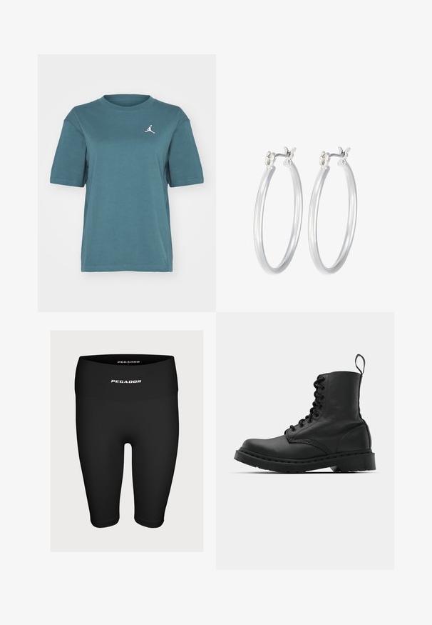 Jordan TEE - Pamata T-krekls - oxidized green; Melnas sporta bikses, kas izgatavotas no elastīga auduma, ar augstu jostu un baltu logotipu "PEGADOR" priekšā.; Melnas ādas kaujas zābaki ar apaļu purngalu, auklām priekšā un cilpu potītes daļā. Iespējojums ir biezs gumijas zolei, kas nodrošina izturību.; Sudraba riņķveida auss gredzeni ar gludu, pulētu apdari. Apaļa forma un drošs klikšķa augšējais slēgums. Viegls dizains, kas piemērots ikdienas valkāšanai.