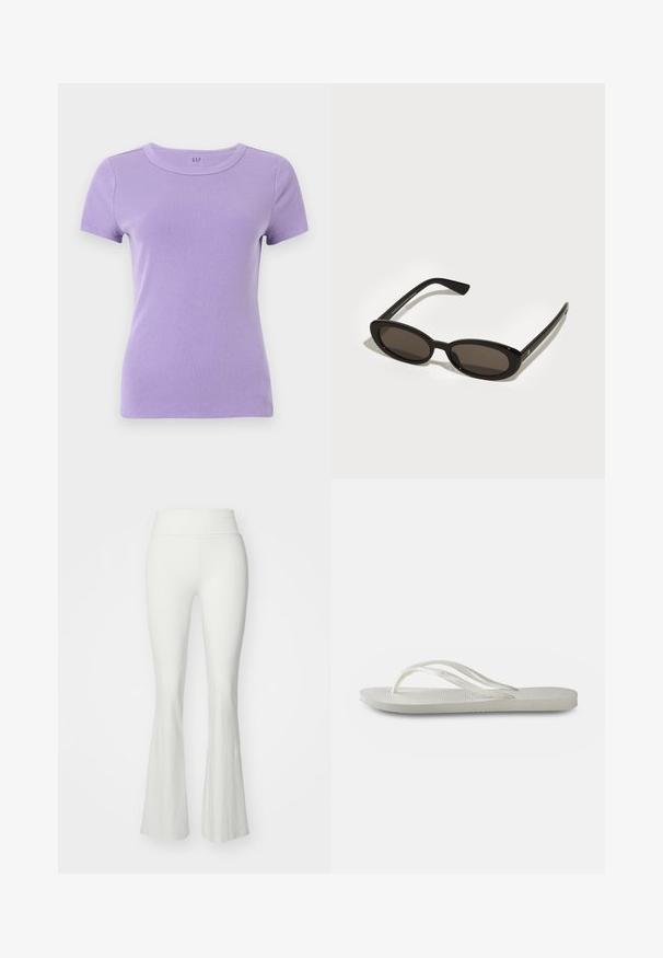 Laventelin lyhythihainen T-paita, jossa on ribattua tekstuuria ja pyöreä pääntie. Ominaisuuksiin kuuluu hienovarainen logo kauluksen alueella.; Valkoiset levenevät housut, joissa on korkea vyötärö, valmistettu sileästä ja joustavasta materiaalista. Niissä on vartalonmyötäinen siluetti, joka levenee alhaalla.; Valkoinen flip-flop, jossa on kuvioitu pohja, ohut hihnasto ja tasainen muotoilu. Valmistettu kumista ja siinä on hillitty logo jalkapohjassa.; Mustat aurinkolasit, joissa on ovaalit, puolivartiset linssit. Kiiltävät kehykset ja suorat varret. Tummennetut linssit, joissa on minimaalinen varustelu.; Ruskea kangaskassi, jossa on leveä, pyöristetty muoto ja suuri leikattu kahva. Pehmeä pinta, minimalistinen muotoilu ja ei näkyvää metalliosaa.