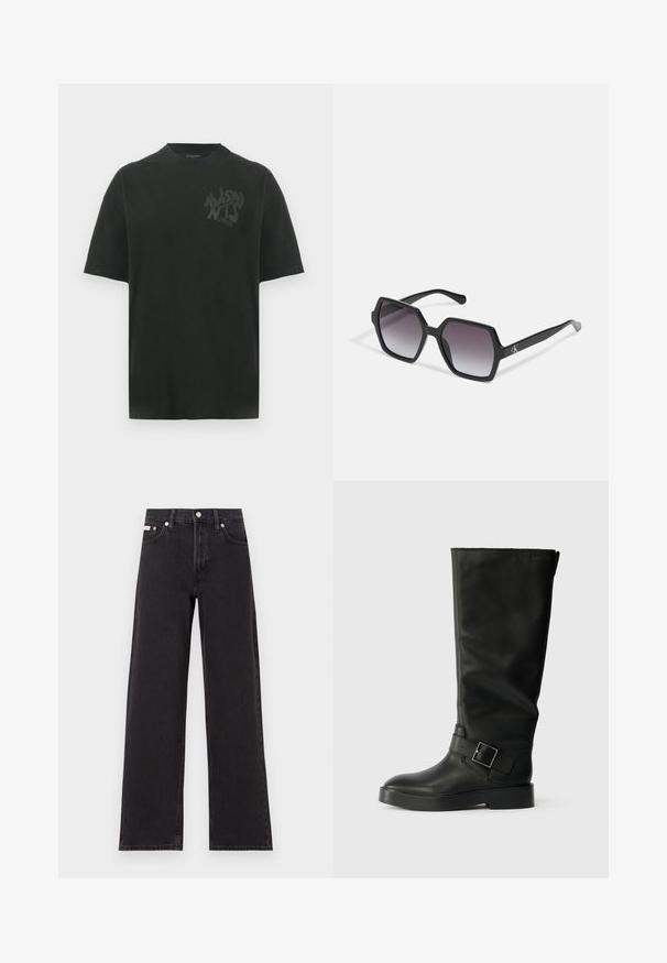 Černé bavlněné tričko s volným střihem, kulatým výstřihem a jemným tónovým logem na levé straně hrudi. Krátké rukávy, hladká textura.; Černé široké jeansy vyrobené z denimu, s vysokým pasem, pěti kapsami a kovovým zapínáním s kontrastním prošíváním.; Černé kozačky do výšky kolen vyrobené z hladké kůže, s kulatou špičkou, silnou podešev a vodorovným popruhem se čtvercovou sponou.; Černé hexagonální sluneční brýle se stupňovitou čočkou, s lesklým povrchem a jemným logem na spánku. Odolná plastová konstrukce.
