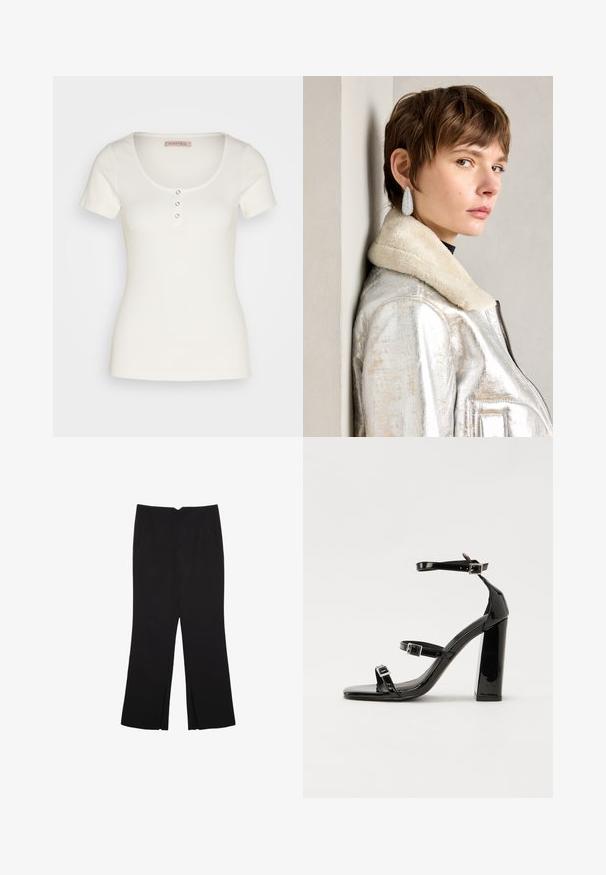Hvid ribbet kortærmet top med en rund halsudskæring, der har tre dekorative knapper foran. Glat tekstur, figursyet design.; Sorte bukser med lige pasform, der har frontlommer og slidser i kanten. Lavet af blødt, glat stof. Velegnet til forskellige anledninger.; Sorte patenterede hælsandaler med firkantet tå, ankelremme og sølvspænder. Har en chunky blokHæl for stabilitet.; Sølvmetallic læderjakke med shearlingkrave, der har lynlåslukning og tekstureret overflade. Store dråbeformede øreringe med klare edelstene.