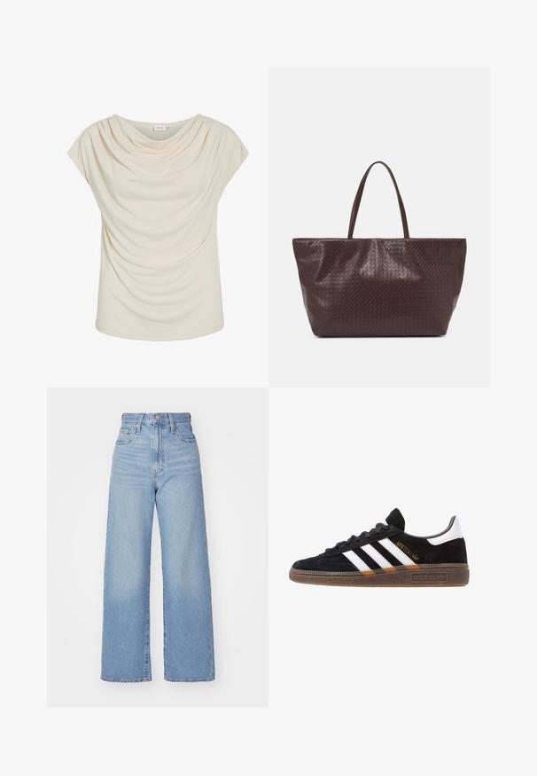 Cremfarbener Oberteil mit sanftem Cowly-Ausschnitt, drapiertem Stoff, kurzen Ärmeln und lässiger Passform. Glatte Textur; minimalistisches Design.; Hellblaue High-Waist-Weite-Leg-Jeans mit Knopf- und Reißverschluss vorne, Vorder- und Rückentaschen, auf weißem Hintergrund.; Schwarzer Adidas Sneaker mit weißen Streifen, goldenem "Spezial"-Text, Gummisohle und weißem Fersenbereich, seitliche Ansicht.; Braune geflochtene Leder-Totetasche mit zwei Griffen, einer strukturierten Form und einer strukturierten Oberfläche, die ein durchgängiges Rautenmuster aufweist.