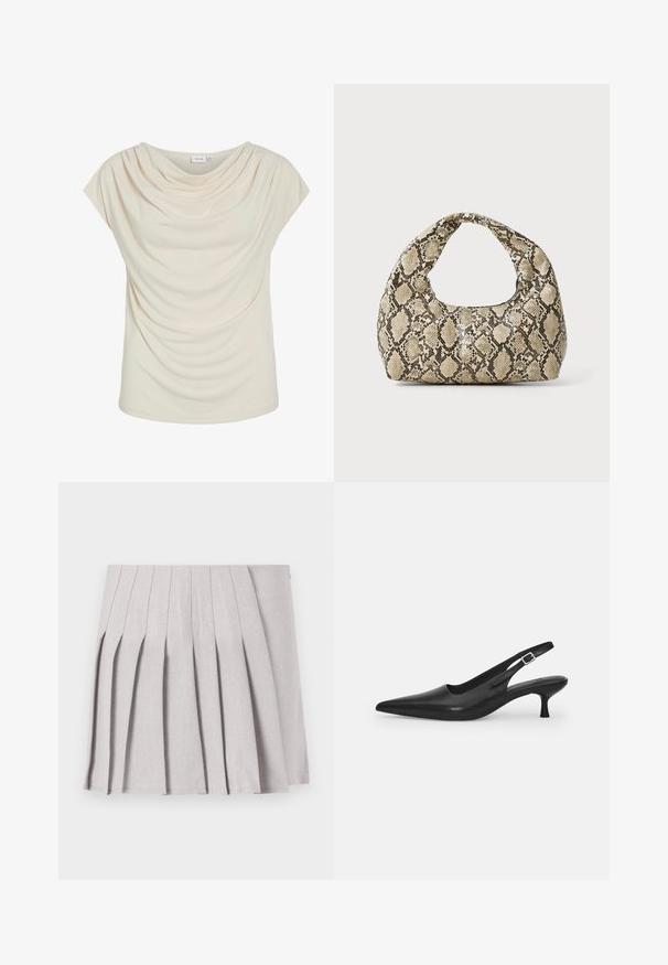 Cremefarvet bluse med blød cowl-neck, draperet stof, korte ærmer og løs pasform. Glat tekstur; minimalistisk design.; Grå plisseret nederdel med en glat tekstur, der har flere lodrette folder og en tætsiddende talje. Fremstillet af letvægtsstof.; Sort læder slingback-sko med spids tå og en slank, buet hæl. Har en diskret justerbar rem med en metalspænde.; Slangeprint håndtaske med et buet håndtag. Lavet af strukturerede, beige og brune materialer, med et karakteristisk diamantmønster.