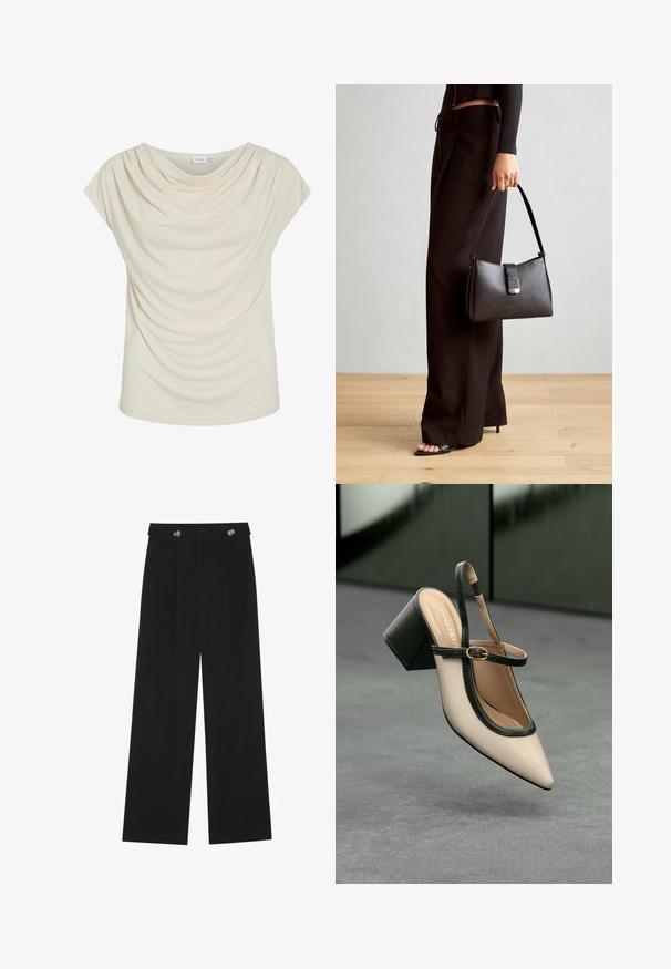 Top color crema con scollatura a giro morbida, tessuto drappeggiato, maniche corte e vestibilità rilassata. Texture liscia; design minimalista.; Pantaloni neri a gamba larga con vita alta, dettagli con bottoni in vita e pieghe frontali.; Scarpa beige con punta a stivale, con rifiniture nere, fibbia dorata e tacco a blocco spesso su un pavimento grigio con sfondo verde scuro.; Borsa nera con forma strutturata, texture liscia e una chiusura metallica. Abbinata a pantaloni neri larghi e sandali open-toe su un pavimento in legno.