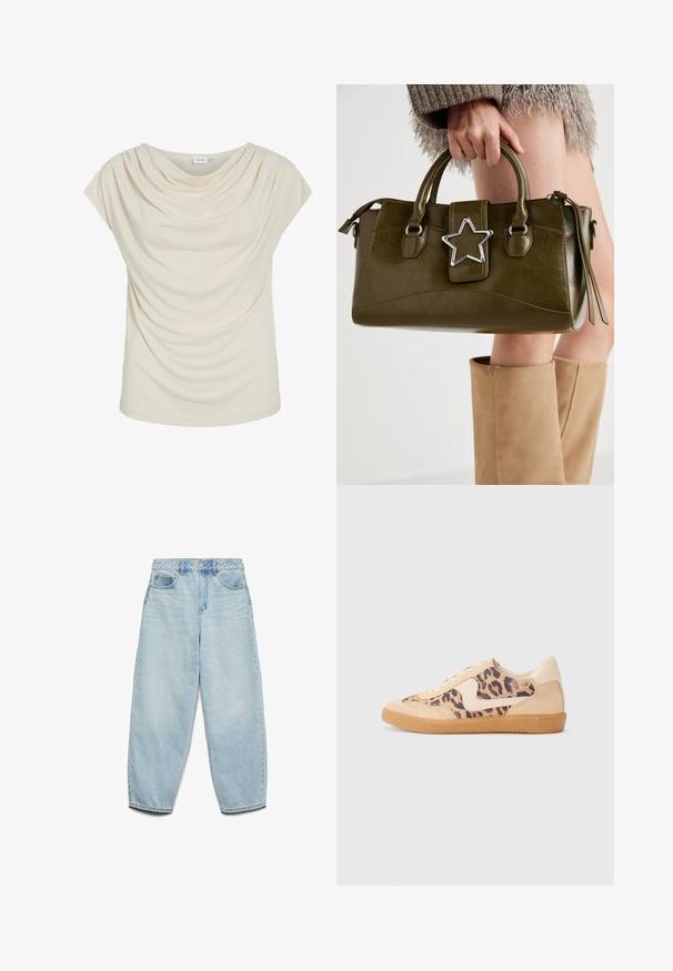 Top color crema con scollatura a giro morbida, tessuto drappeggiato, maniche corte e vestibilità rilassata. Texture liscia; design minimalista.; Jeans in denim azzurro chiaro con vestibilità relaxed, vita alta e gambe ampie, con una texture leggermente sbiadita e design classico a cinque tasche.; Sneakers in stampa leopardata con parte superiore in suede beige, suola in gomma color caramello e dettagli bianchi. Punta rotonda e design con lacci, con una finitura testurizzata.; Borsa a mano in similpelle verde oliva con accentatura a stella argentata, manici doppi e chiusura con zip. Superficie testurizzata e forma strutturata.