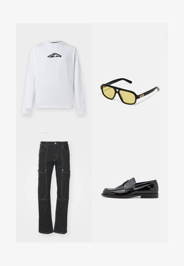 Weißer Langarm-Sweatshirt aus Baumwolle, mit einem schwarzen Logo-Design auf der Vorderseite und gerippten Bündchen. Klassischer Rundhalsausschnitt.; Schwarze Cargo-Hosen aus robustem Stoff mit mehreren Taschen, kontrastierenden Nähten, geradem Bein und Knopflatz.; Schwarze Lackleder-slipper mit strukturiertem Obermaterial, einer runden Zehenform und einer flachen Sohle mit dezenten Steppnähten.; GCDS UNISEX - Sonnenbrille - shiny black