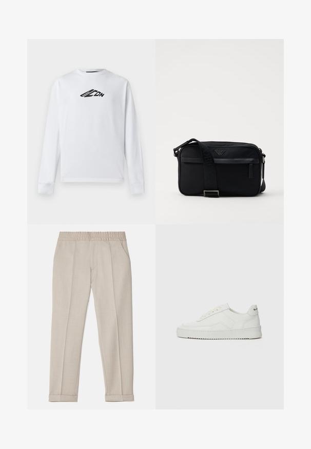 Weißer Langarm-Sweatshirt aus Baumwolle, mit einem schwarzen Logo-Design auf der Vorderseite und gerippten Bündchen. Klassischer Rundhalsausschnitt.; Filippa K TERRY CROPPED TROUSERS - Stoffhose - sage melange; Weiße Ledersneaker mit glatter Oberfläche, runder Zehenpartie, flachen Schnürsenkeln und strukturiertem Sohlenprofil. Mit einem dezenten Logo an der Ferse.; Schwarze Nylon-Schultertasche mit einem kontrastierenden Riemen, schlanker rechteckiger Form, Logo-Detail und einer Reißverschlusstasche auf der Vorderseite.