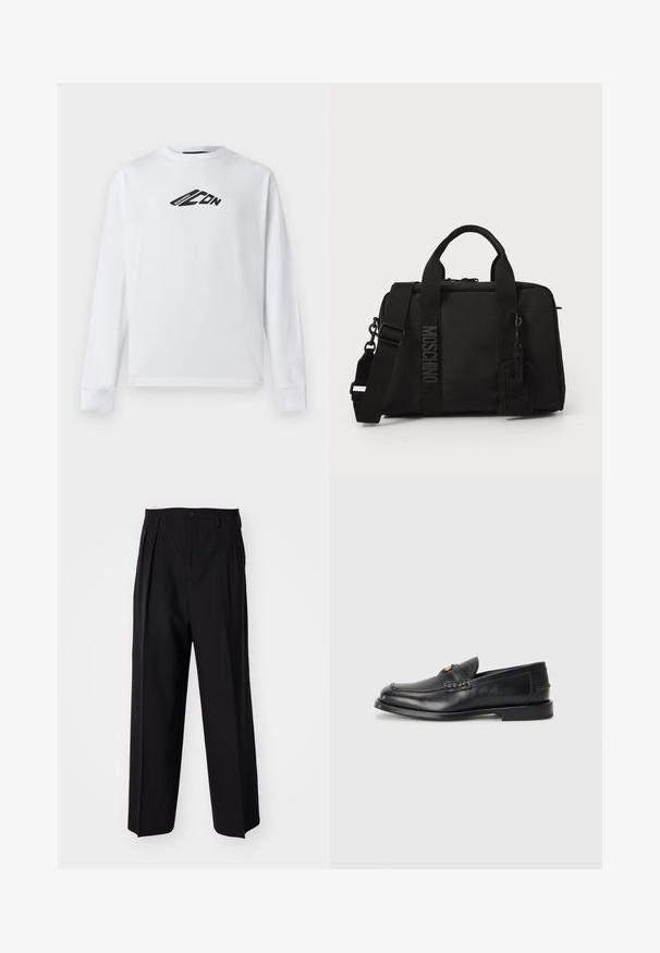 White long-sleeve sweatshirt made of cotton, featuring a black logo design on the front and ribbed cuffs. Classic crew neckline.; Black pleated trousers with a straight, wide-leg design. Made from smooth fabric, featuring a button closure and belt loops.; Black leather loafers feature a rounded toe, stitched detailing, and a small gold accent on the front. The sole is flat and discreet.; Black textile bag with dual handles and detachable shoulder strap. Features embossed logo and leather tag. Smooth texture, rectangular shape.