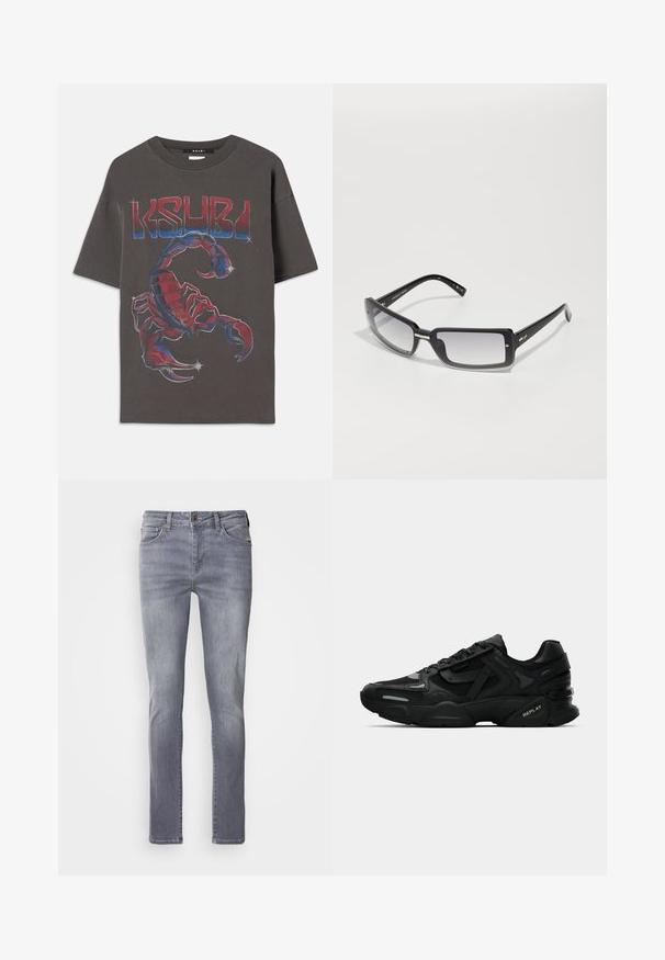 Pilkos spalvos per didelis medvilninis marškinėliai su spalvinga skorpiono grafika, turinčia mėlynus ir raudonus akcentus, viršuje užrašyti "KSUBI" drąsiu šriftu.; Šviesiai pilki džinsai su tiesiu kirpimu, turintys penkis kišenes, varinį mygtuką ir nežymų nusidėvėjimą ant kojų.; Juodi sportiniai sneakeriai su tekstūruota viršutine dalimi, atspindinčiomis detalėmis ir pagalvotu padu. Yra raišteliai ir prekės ženklas šone.; Juodų stačiakampių saulės akinių su gradientiniu lęšiu, turinčių storą rėmelį ir metalinius akcentus ant kojelių. Visoje apieje glotni tekstūra.