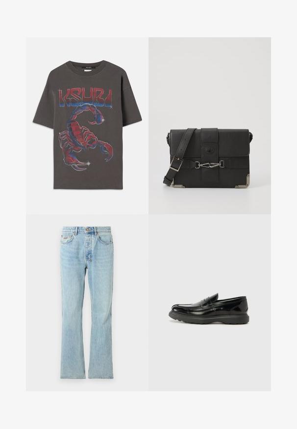 Hall ja oversized t-särk, mis on valmistatud puuvillast, sisaldab värvilist skorpioni graafikat siniste ja punaste detailidega ning pealkirja "KSUBI" julgelt kirjutatuna üleval.; Heledad sinine teksapüksid sirge lõikega, klassikaline viie taskuga disain, õrn hõõrdumine ja metallist nööp sulgemisel vööosas.; Must musta nahk loafer läikiva viimistlusega, ümar varvas, delikaatsed õmblusdetailid ja paks kummist tallad vastupidavuse tagamiseks.; Mustast nahast messenger-kott, mille pinnal on tekstuur, metallist detailid, reguleeritav rihm ja klapiga sulgemine, millel on klamberdetailid.
