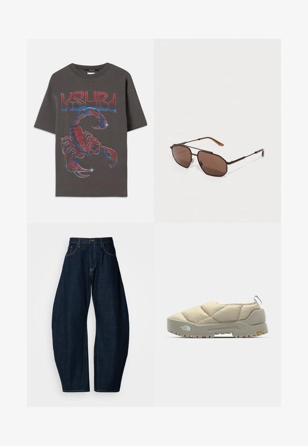 Pilkos spalvos per didelis medvilninis marškinėliai su spalvinga skorpiono grafika, turinčia mėlynus ir raudonus akcentus, viršuje užrašyti "KSUBI" drąsiu šriftu.; Tamsiai mėlynos džinsinės kelnės su plačiomis kojomis, pasižyminčios ryškiu siuvimu, penkiomis kišenėmis ir žalvariniu mygtuko užsegimu juosmenyje.; Kreminės spalvos siuvinėta minkšta avalynė su pilku Vibram padu, apvalios formos ir su galiniu kilpeliu. Yra logotipas šone ir tekstūruotas viršutinis paviršius.; Rudos aštuonkampiai saulės akiniai su plonu juodu metaliniu rėmu, akcentuotais rudomis šventyklomis. Tamsiai tonuoti objektyvai suteikia UV apsaugą.