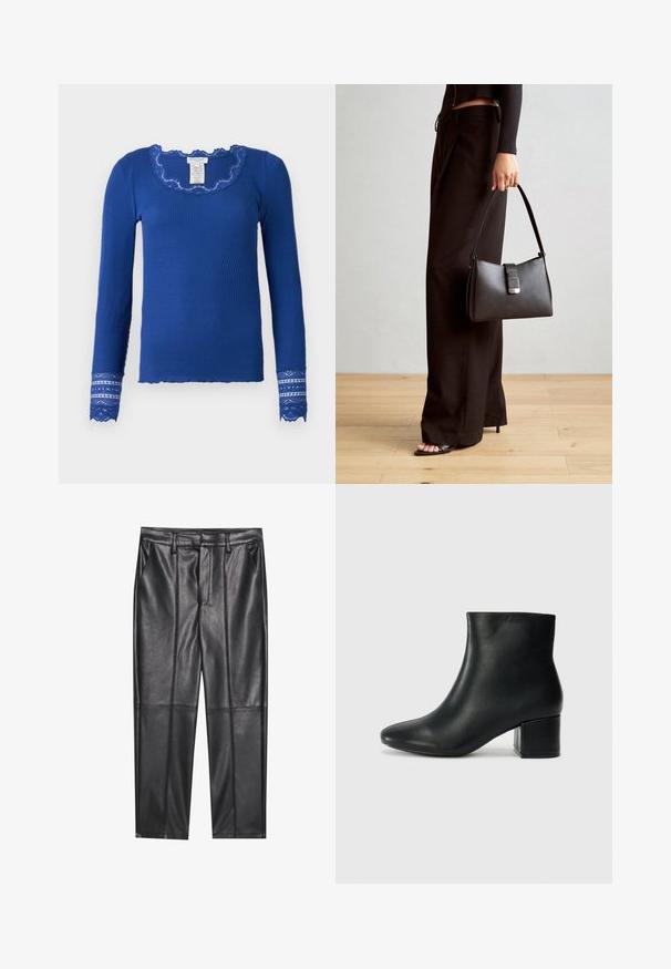 Rosemunde Μπλούζα με μακριά μανίκια - sodalite blue; Μαύρο δερμάτινο παντελόνι με λεία υφή, διαθέτει ίσια γραμμή, δύο μπροστινές τσέπες και εμφανείς λεπτομέρειες ραφής.; Μαύρες δερμάτινες μπότες αστράγαλου με μυτερή μύτη και χοντρό τακούνι. Λείο υλικό με ελάχιστες λεπτομέρειες και κομψό, εφαρμοστό σχέδιο.; Μαύρη τσάντα χειρός με δομημένο σχήμα, λεία υφή και μεταλλικό κούμπωμα. Συνδυασμένη με φαρδιά μαύρα παντελόνια και σανδάλια ανοιχτής μύτης πάνω σε ξύλινο πάτωμα.