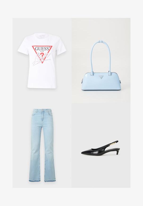 Bela bombažna majica s kratkimi rokavi z rdečim trikotnim logotipom z napisom "GUESS U.S.A." in vprašajem, okrašena s prozornimi rhinestones in grafičnimi elementi.; Svijetloplave traperice s rasponom, visokog struka, s prednjim džepovima i sirovim rubom na manžetama za ležeran izgled.; Črne usnjene sandale na peto z ostro konico, ki imajo tanko peto in zlat ton na nastavljivem traku. Gladka tekstura.; Svijetloplavi ručni torbica s strukturiranim oblikom, glatkim kožnim materijalom, dvije ručke i trokutastim logotipom brenda na prednjoj strani. S zatvaračem.