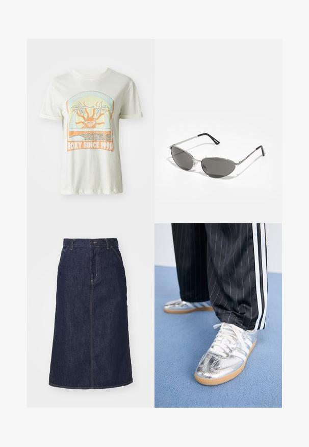 Cremefarbene Baumwoll-T-Shirt mit einem retro Grafikdesign mit Palmen, Sonne und "ROXY SINCE 1990" in orangefarbenen und teal Akzenten. Kurze Ärmel.; Dunkelblaue Jeansrock mit hoher Taille, geradem Schnitt, aufgesetzten Taschen und genähten Nähten. Mit einem Reißverschluss und einem Knopfverschluss an der Taille.; Metallisch silberne Sneaker mit weißen Schnürsenkeln und drei weißen Streifen, kombiniert mit schwarzen Nadelstreifen-Hosen. Gummisohle am Boden.; Sonnenbrille mit einem schlanken, silbernen Metallrahmen, grauen getönten Gläsern und einem aerodynamischen Design mit spitzen Kanten und dünnen Bügeln.; Schwarze gesteppte Tragetasche mit großer Öffnung, gewellten Formen auf der Oberfläche und einem Etikett mit gelber und weißer Schrift auf der Vorderseite.