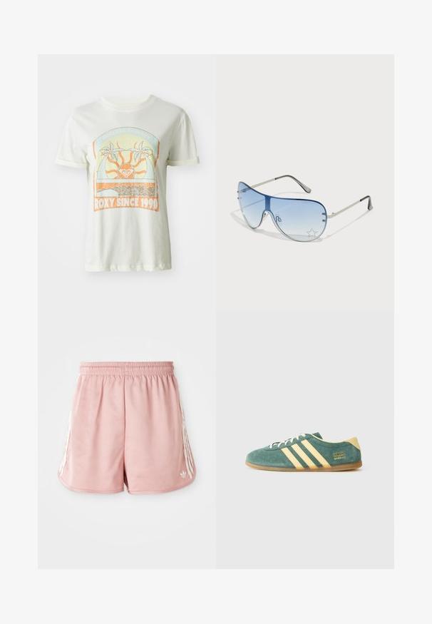 Tricou din bumbac de culoare crem, cu un grafic retro ce include palmieri, soare și inscripția "ROXY SINCE 1990" în accente de portocaliu și teal. Mâneci scurte.; Șorturi atletice roz cu un bandă elastică la talie, detalii cu dungi albe pe lateral și un logo mic în partea stângă jos. Textură de material neted.; Pantof de suede verde cu accente galbene și trei dungi. Vârf rotunjit, talpă plată din cauciuc și logo-ul proeminent al brandului pe lateral.; Ochelari de soare aviator cu lentilă gradient albastră, ramă metalică argintie și accente decorative sub formă de stele pe lentilă. Design neted și elegant.
