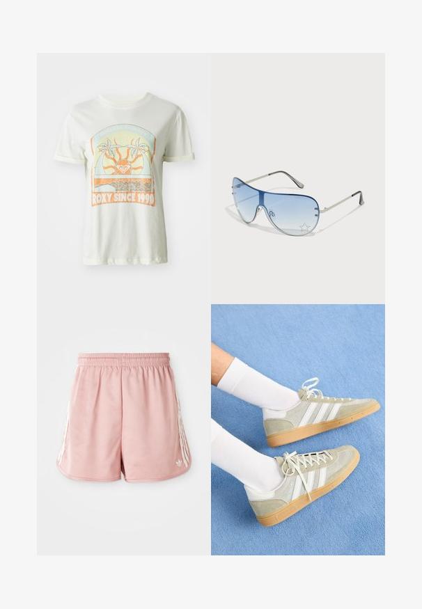 Cremefarbene Baumwoll-T-Shirt mit einem retro Grafikdesign mit Palmen, Sonne und "ROXY SINCE 1990" in orangefarbenen und teal Akzenten. Kurze Ärmel.; Rosa Sportshorts mit einem elastischen Bund, seitlichen weißen Streifen und einem kleinen Logo auf der unteren linken Vorderseite. Glatte Stofftextur.; Hellgraue Wildledersneaker mit weißen Gummielementen, ausgestattet mit drei weißen Streifen und einer Gummisohle, getragen mit weißen Socken vor einem blauen Hintergrund.; Flugzeugbrille mit einem verlaufenden blauen Glase, silbernem Metallrahmen und dekorativen Sternelementen auf dem Glas. Glattes und elegantes Design.