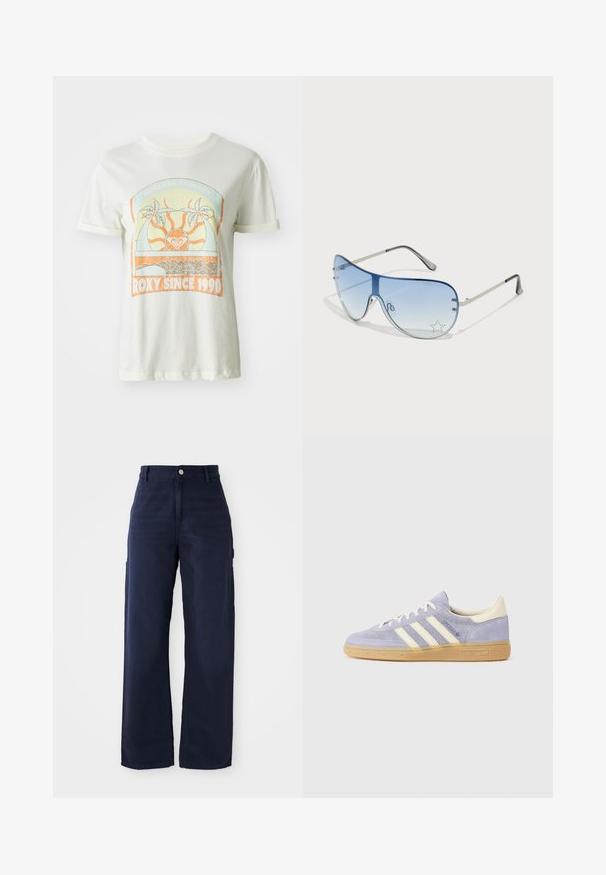 Krema barve bombažna majica s kratkimi rokavi, s retro grafiko palmovih dreves, sonca ter napisom "ROXY SINCE 1990" v oranžnih in teal odtenkih.; Mornarsko modri široki cargo hlače iz trdnega bombažnega blaga, z bočnimi žepi in gumbom za zapiranje na pasu.; Lila semiša športna obutev s tremi belimi črtami, gumijastim podplatom in kremnimi detajli na peti in jeziku. Minimalističen dizajn z logotipom.; Pilotne sončne očala z gradijentnimi modrimi lečami, srebrnim kovinskim okvirjem in okrasnimi zvezdastimi detajli na lečah. Gladek in eleganten dizajn.