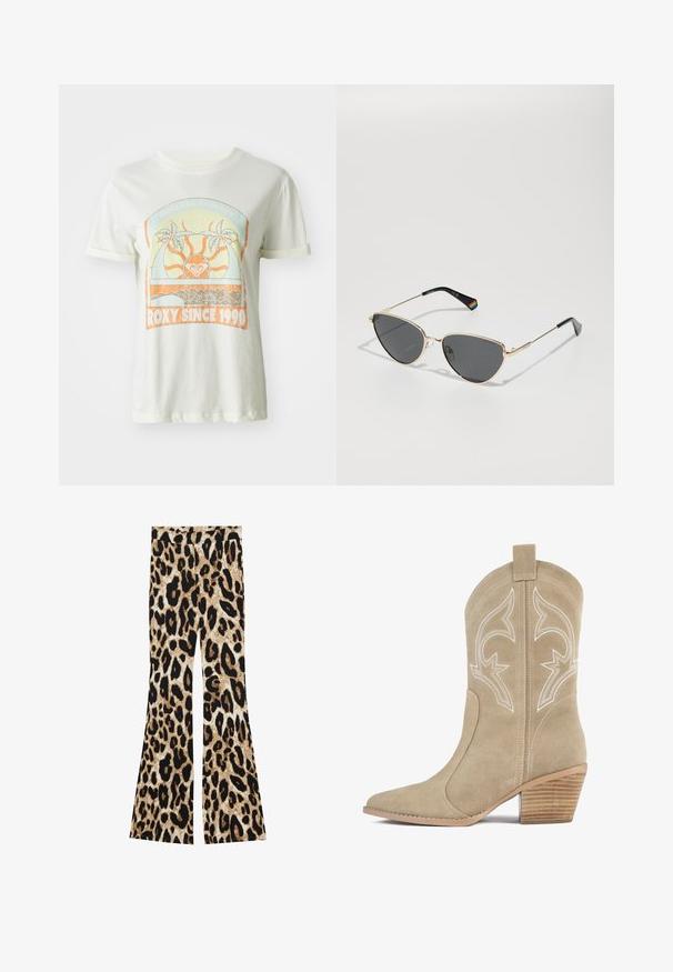 Crème-kleurige katoenen t-shirt met een retro graphic van palmbomen, de zon en "ROXY SINCE 1990" in oranje en teal accenten. Korte mouwen.; Uitlopende broeken met een luipaardprint in zwart en bruin tinten, geribbelde textuur en een hoge taille.; Beige suède cowboylaars met puntige neus, decoratieve witte stiksels en een gestapelde houten hak. Heeft een lus aan de achterkant.; Gouden metalen zonnebril met donkere lenzen, kattenschoen-vorm, en zwarte pootarmen met een regenboogaccent aan de ene kant.