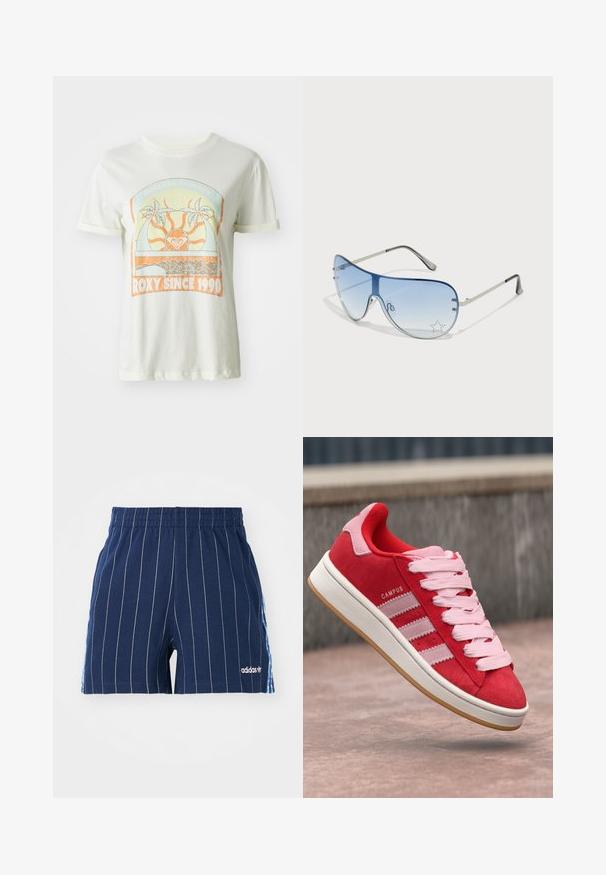 Cremefarvet bomulds t-shirt med et retro grafisk design med palmer, sol og "ROXY SINCE 1990" i orange og teal accenter. Korte ærmer.; Mørkeblå shorts med hvide striber, elastisk talje og Adidas-logo. Har blå detaljer på siderne og er lavet af en bomuldsblanding.; Røde ruskinds sneakers med pink accenter, prydet med tre hvide striber og lyserøde snørebånd. Hvid mellemsål og gummisål.; Aviator-solbriller med gradient blå linser, sølvmetalramme og dekorative stjerneakcenter på linserne. Glat og strømlinet design.